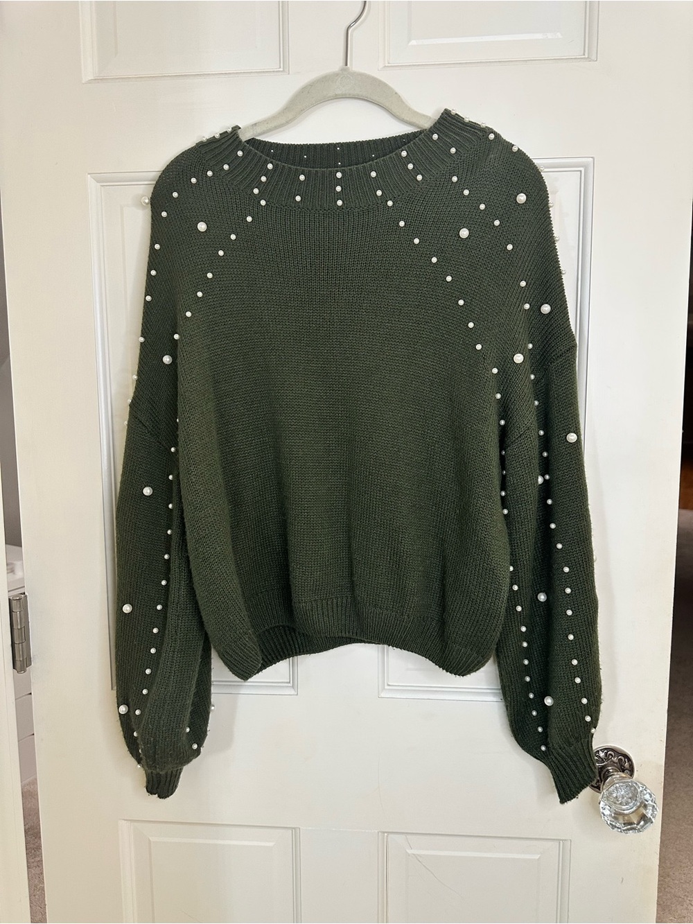 SHEIN Olive Green Pearl-Accent Crewneck Sweater